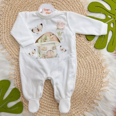 Macacão em Soft Casinha de Cogumelos - Off White e Areia